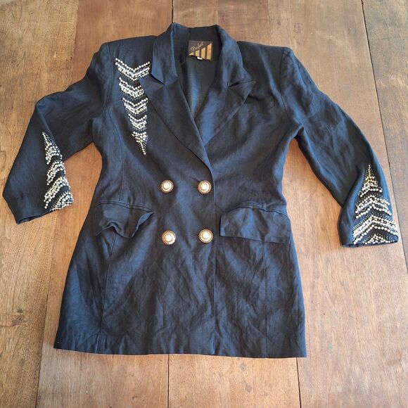 Vtg Black 100% Linen Blazer Womens Sz L Faux Pearl Buttons Pockets By Perfect - Picture 1 of 16